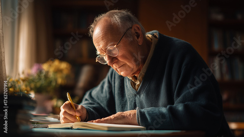 Elderly man writing notes at desk in cozy indoor setting  