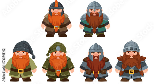 Cartoon Dwarves Set: Fantasy Characters Posing with Different Outfits, Helmets, and Long Orange Beards, Standing Isolated on White Background. Great for Children's Books, Game Design, Storytelling, an