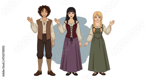 Smiling Medieval Villagers Welcoming in a Rural Village Scene, Historical Reenactment Characters in Traditional Clothing, Fantasy Epoch Presentation, Educational Storytelling, Vintage Era Costume Rend