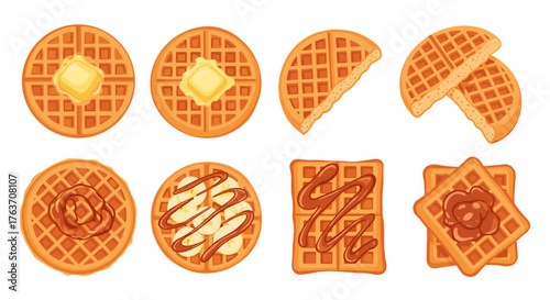 Golden Waffles Assortment: Indulgent Breakfast Treats with Butter, Chocolate Syrup, Banana Slices for Delicious Morning Brunch, Sweet Dessert, Bakery Menu, Cafe, Restaurant Offerings, Gourmet Indulgen