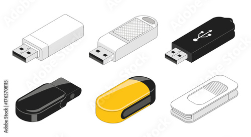 Isometric USB Drive Collection: Data Storage Solution for Digital Documents, Portable Memory Devices for Technology, Secure Backup Media, Modern Illustration Style for Business Presentations and Marke