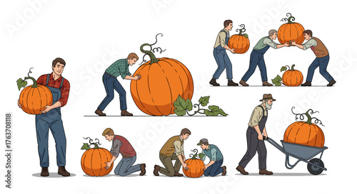 Farmers Harvesting Large Pumpkins in Autumn Harvest, Cultivating the Land, Farm Workers Transporting Crops,  Agricultural Labor, Fall Season Produce,  Healthy Eating,  Farm Fresh, Agriculture,  Manual