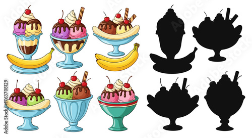 Delicious Ice Cream Sundaes and Banana Splits Collection in Cartoon Style: Sweet Treats Illustrations for Summer Menus, Dessert Shops, Kids Education, and Festive Celebrations - Colorful, Fun, Nostalg