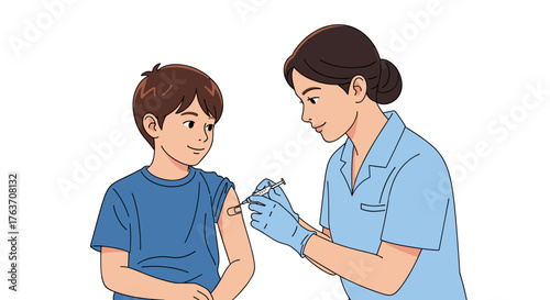 Pediatric Vaccination at Clinic: Young Boy Receives Immunization from Nurse in Medical Setting, Promoting Healthcare and Well-being, Illustrating Preventative Medicine, Childhood Development and Publi