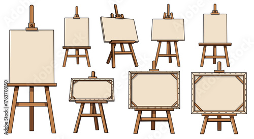 Art Easels Displaying Blank Canvases: Studio Setting for Painting, Drawing, Artistic Creation, Ideal for Presentations, Mockups, Graphic Design, Website Imagery, Educational Resources, Business Market