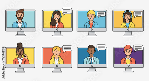 Diverse Team Video Conference Call on Computers: Online Meeting, Virtual Collaboration, Remote Work, Telecommuting, Business Communication, Customer Support, Technology Solutions, Global Connection, D