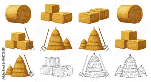 Hay Bales and Stacks in Rural Farm Landscape: Agricultural Harvest Season, Countryside Scenery, Farming Industry Illustration for Presentations, Marketing Materials, or Educational Use Depicting Rusti