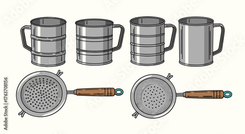 Vintage Kitchen Utensils Still Life: Stainless Steel Flour Sifters and Strainers for Baking and Cooking in Retro Style, Perfect for Culinary Arts Illustrations, Recipe Websites, Food Blogs, and Nostal