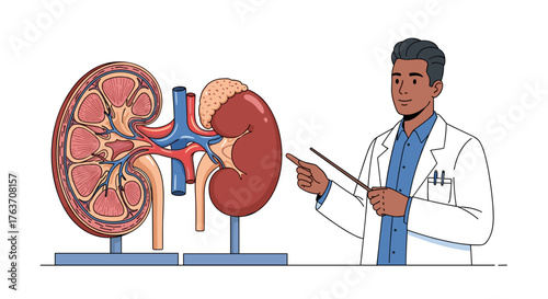 Medical Professional Explaining Kidney Anatomy with Pointer Stick in Doctor's Office for Educational Presentation on Renal System, Nephrology, Physiology, Urogenital Health, Science, Anatomical Study,