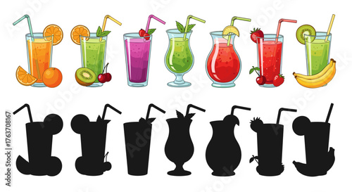 Assorted Fresh Fruit Smoothies for Healthy Living: A Colorful Collection of Delicious, Refreshing Beverages, Including Tropical Fruits and Berries, Perfect for Summer Mocktails, Drink Menus, Nutrition