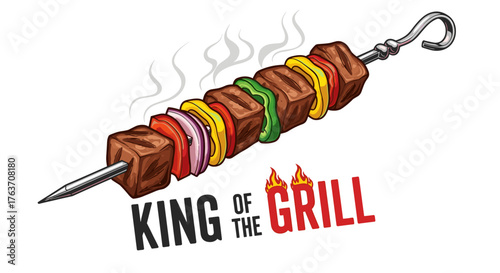 Grilled Meat Skewer Sizzling with Vegetables for BBQ Party Invitation: Delicious Kabob Kebab Recipe for Summer Cookout, Barbecue Restaurant Menu, King of the Grill Design, Food Illustration, Hot Off t