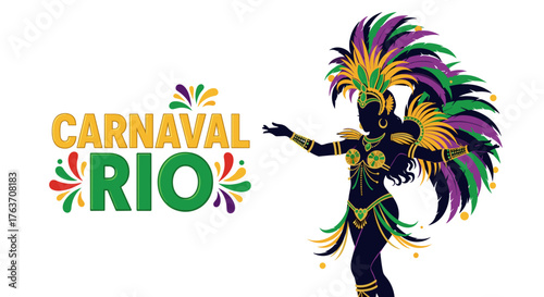 Carnaval Dancer Silhouette Displaying Vibrant Costume and Feathers for Rio Festival Celebration, Showcasing Brazilian Culture, Tradition, and Entertainment for Travel Promotion and Colorful Festive Ba
