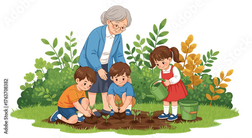 Caring Grandmother Gardening with Grandchildren in a Lush Green Garden Landscape, Teaching Children About Nature and Planting, An Illustration for Education, Family Activities, Health, Wellness, and a