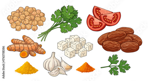 Vibrant Indian Cuisine Ingredients Still Life: Fresh Chickpeas, Cilantro, Tomatoes, Turmeric, Tofu, Dates, Garlic, Curry and Masala Powders for Healthy Vegetarian Recipes, Nutritional Diet, Cooking, F