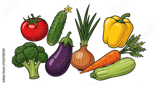 Vibrant Vegetable Medley Illustration: A colorful assortment of fresh produce including tomatoes, cucumbers, broccoli, eggplant, onions, peppers, carrots, and zucchini for healthy eating promotion, cu