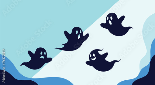 Four spooky ghosts floating in the air with different expressions.