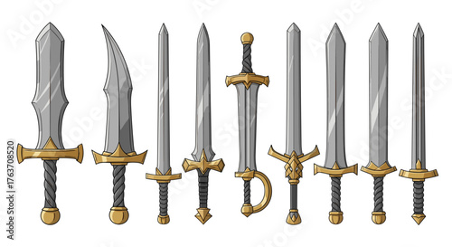 Collection of Fantasy Swords and Blades: Medieval Weaponry Set for Role-Playing Games and Historical Designs, Warrior Gear, Knight Equipment, RPG Adventures, Graphic Resource Illustration, Weaponry