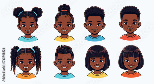 Diverse Group of Smiling Black Children Portraits, Cartoon Style Character Set Showcasing Various Hairstyles, Expressing Happiness, Youth, Education, Childhood, Cultural Diversity, Illustration for We