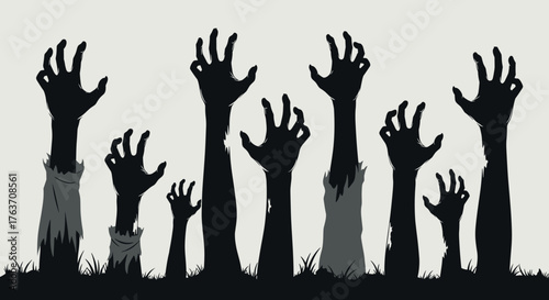 Creepy Zombie Hands Rising from the Grave in a Spooky Graveyard Scene at Night, Halloween Celebration, Horror Theme, Supernatural Fantasy, Ghastly Apparition, Undead Uprising, Vector Silhouette, Dark
