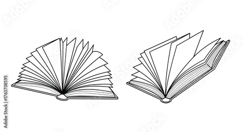 Open books illustration showing pages and binding in black and white.