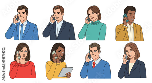 Diverse Professionals Communicating via Smartphones: Modern Business People Talking on Mobile Phones in Office Setting for Teamwork, Connection, and Technology, Telecommunications, Collaboration, Corp