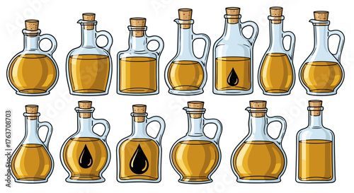 Assorted Olive Oil Bottles Collection Illustration: Fresh Cooking Oils Variety for Mediterranean Cuisine Preparation, Natural Health Benefits, Gourmet Food, Traditional Recipes, Culinary Arts, Organic