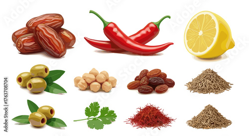 Assortment of Middle Eastern Spices and Cuisine Ingredients: Dates, Chili Peppers, Lemon, Olives, Chickpeas, Raisins, Cumin, Cilantro, Saffron for Culinary Arts, Moroccan Dishes, Flavorful Cooking, an