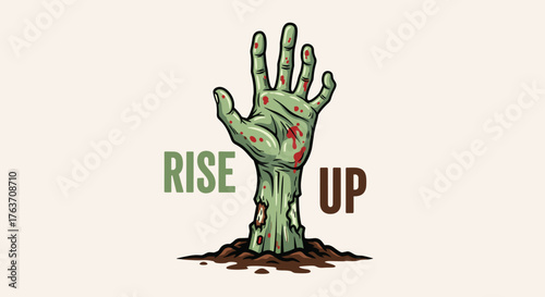Zombie Hand Rising From Ground: Halloween Horror Concept - Creepy Undead Illustration in Dark Earth with Green Skin and Bloody Wounds, Halloween Night, Spooky Theme for Graphic Design and Horror Event