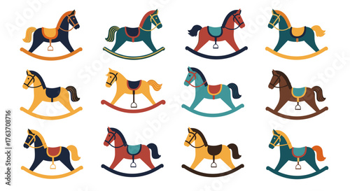 Colorful Rocking Horses Collection, Whimsical Toy Icons in Assorted Styles, Playful Childhood Memories, Nursery Decor, Retro Vintage Designs, Cute Equine Symbols for Baby Products, Nostalgic Holiday S