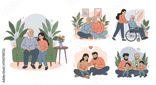Loving Multigenerational Family Relationships Illustration Set: Grandparents Spending Quality Time with Adult Children and Grandkids at Home, Seniors in Assisted Living, Family Support, Generational B