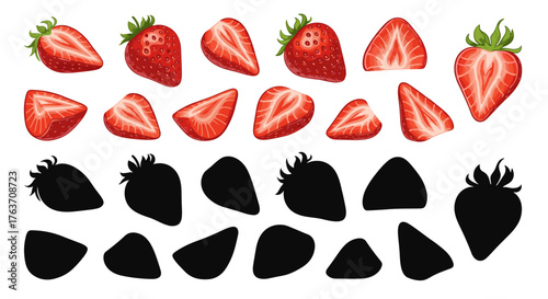 Fresh Strawberries Composition: Sliced Red Fruits Arrangement with Shadows for Culinary Concepts, Summer Treats, Healthy Food Illustrations, Dessert Ingredient Visuals, Recipe Creation, Food Presentat