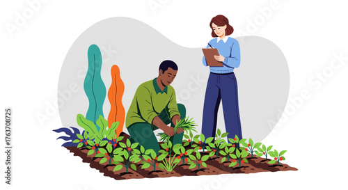 Diverse Agronomists Cultivating Crops in Organic Garden, Conducting Research for Sustainable Agriculture & Healthy Food Production in Eco-Friendly Environment for Presentation, Marketing, or Website (