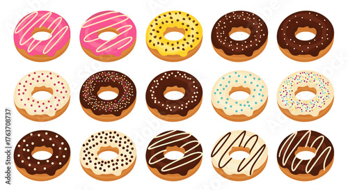Delicious Assorted Doughnuts in Colorful Array - Sweet Treats for Celebrations and Snacks, Perfect for Marketing, Recipes, and Desserts. Graphic Illustration Style with Pink, Chocolate, and Sprinkled