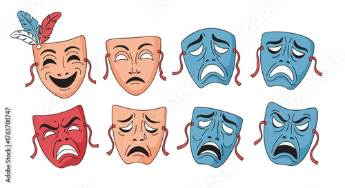 Theatrical Masks Depicting Range of Emotions: Comedy, Tragedy, Anger, Sadness Representing Drama, Acting, and Performance in Entertainment Industry, Stage Production and Artistic Expression with Vinta