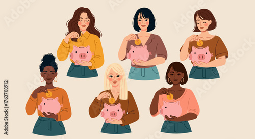 Diverse Women Saving Money with Piggy Banks Illustration, Emphasizing Financial Planning, Investing, and Savings Goals for Financial Security, Future Investments and Retirement Funds in Modern Economi