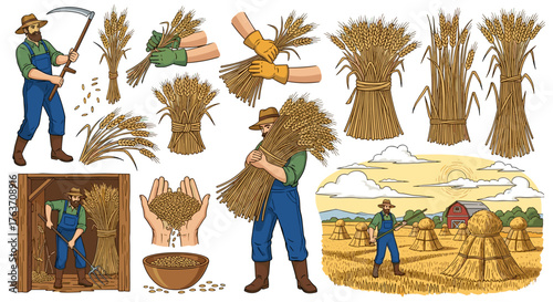 Hardworking Farmer Harvesting Wheat Crop in Golden Field at Sunrise,  Cultivating Grain Harvest with Scythe, Traditional Agriculture, Rural Farming Scene Illustration for Food Production and Sustainab