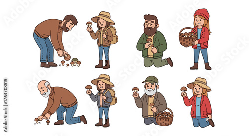 Cartoon Mushroom Hunters Foraging in Forest, Gathering Wild Fungi Harvest, Diverse Group Collecting Edible Mushrooms in Nature, Autumn Season Hobby, Healthy Lifestyle, Picnic Adventure, Camping Trip I