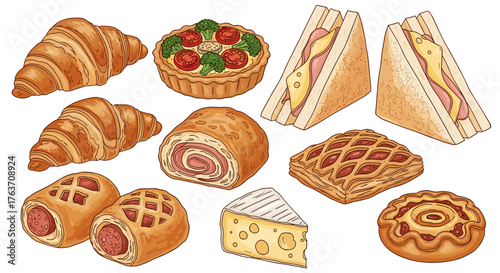 Assorted Pastries and Sandwiches Displayed for Brunch or Lunch, Catering Concept, Delicious Breakfast Treats Variety, Gourmet Food Selection for Restaurant Menu, Bakery Assortment, Classic Comfort Foo