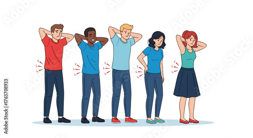 Diverse Group Experiencing Back Pain Discomfort, People Suffering Lower Backache, Chiropractic Care, Healthcare Illustration for Medical Presentation, Rehabilitation and Therapy, Wellness Program, Inj