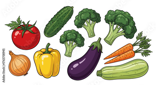 Fresh Garden Vegetables Assortment Still Life: Tomato, Cucumber, Broccoli, Onion, Pepper, Eggplant, Carrots, Zucchini Displayed for Healthy Eating, Cooking, Culinary Arts, Agricultural Concepts, Nutri
