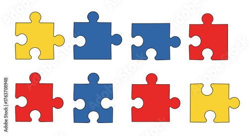 Colorful Puzzle Pieces Arranged on White Backdrop: Symbolizing Autism Awareness, Community, Support and Diversity, Representing Problem Solving, Teamwork, Unity, and Interconnectedness in Education, H