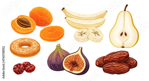 Vibrant Assortment of Fresh Fruits Illustration: Apricots, Bananas, Pear, Figs, Dates and Berries for Healthy Eating, Nutrition Education, and Culinary Arts Marketing in a Colorful, Detailed and Natur