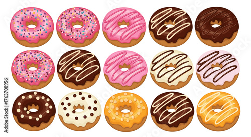 Assorted Donuts Collection Displayed on White Backdrop: Freshly Baked Sweet Treats, Pink Glazed with Sprinkles, Chocolate Frosted, and Caramel Drizzled for Bakery Menu, Cafe Poster, Delicious Dessert