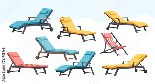 Colorful Lounge Chairs Collection Relaxing Outdoors: Summer Vacation Beach Resort Scene Graphic Resource for Travel Marketing  Relaxation Leisure  Recreation Modern Design Tropical  Comfort Furniture