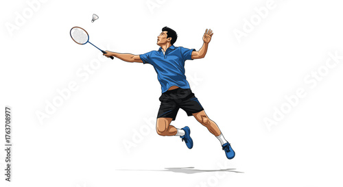 Dynamic Badminton Player Mid-Smash Illustration in Action, Sporting Black Shorts & Blue Polo on White Backdrop - Sport, Fitness, Competition, Agility, Graphic Design, Athleticism, Lifestyle, Healthy,