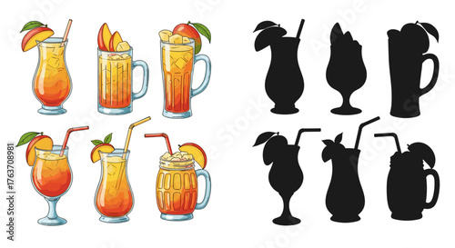 Refreshing Mango Cocktails with Tropical Fruit Garnishes on Display: Summer Drinks for Vacations, Parties & Celebrations,  Beverage Mockups for Bar Menus, Advertising & Marketing in Food Industry, Vib