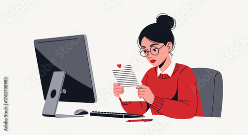 Focused Professional Woman Reads Love Letter at Desk in Modern Office, Reviewing Document with Heart, Working with Computer, Analyzing Information, Feeling Romantic, Office Scene, Business Communicati