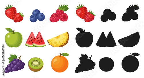 Assorted Fruits Illustration Still Life with Shadows, Featuring Strawberries, Blueberries, Raspberries, Apple, Watermelon, Pineapple, Grapes, Kiwi, and Orange, Ideal for Healthy Eating Education and N