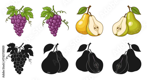 Vibrant Purple Grapes and Fresh Pears Arrangement: Healthy Eating, Still Life Composition with Colorful Fruits in a Grouping Featuring a Slice View, Perfect for Recipes, Menus, Illustration, Diet, and