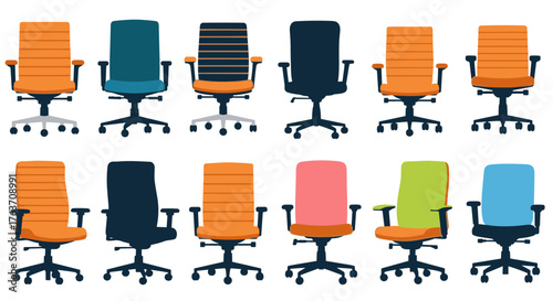 Colorful Office Chairs Arranged for Seating Solutions in a Modern Workspace, Providing Ergonomic Support for Enhanced Comfort and Productivity in Business, Educational, and Creative Environments, Flat